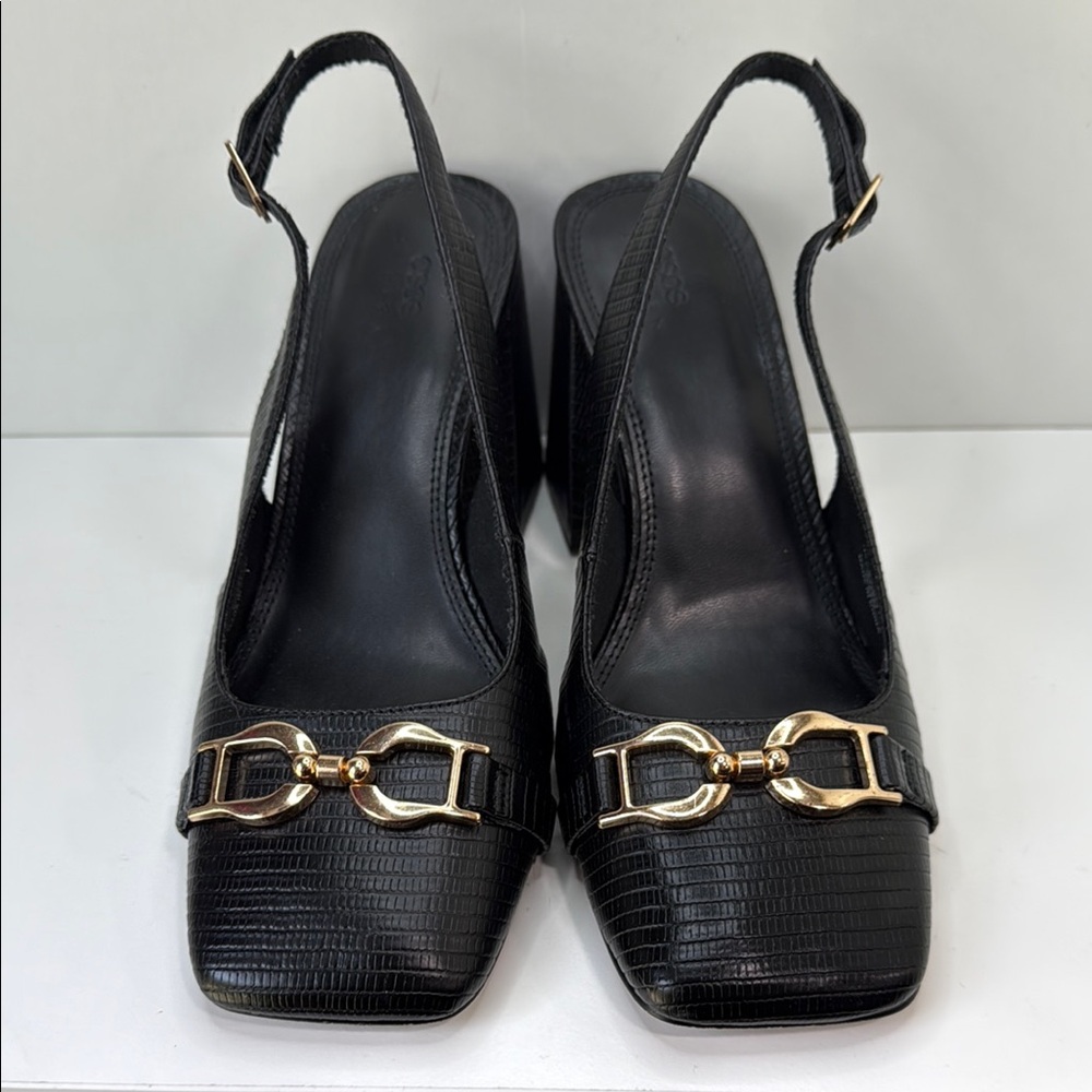 Elegant ASOS Square-toe Slingback Block Heels with Gold Buckle & Lizard Print